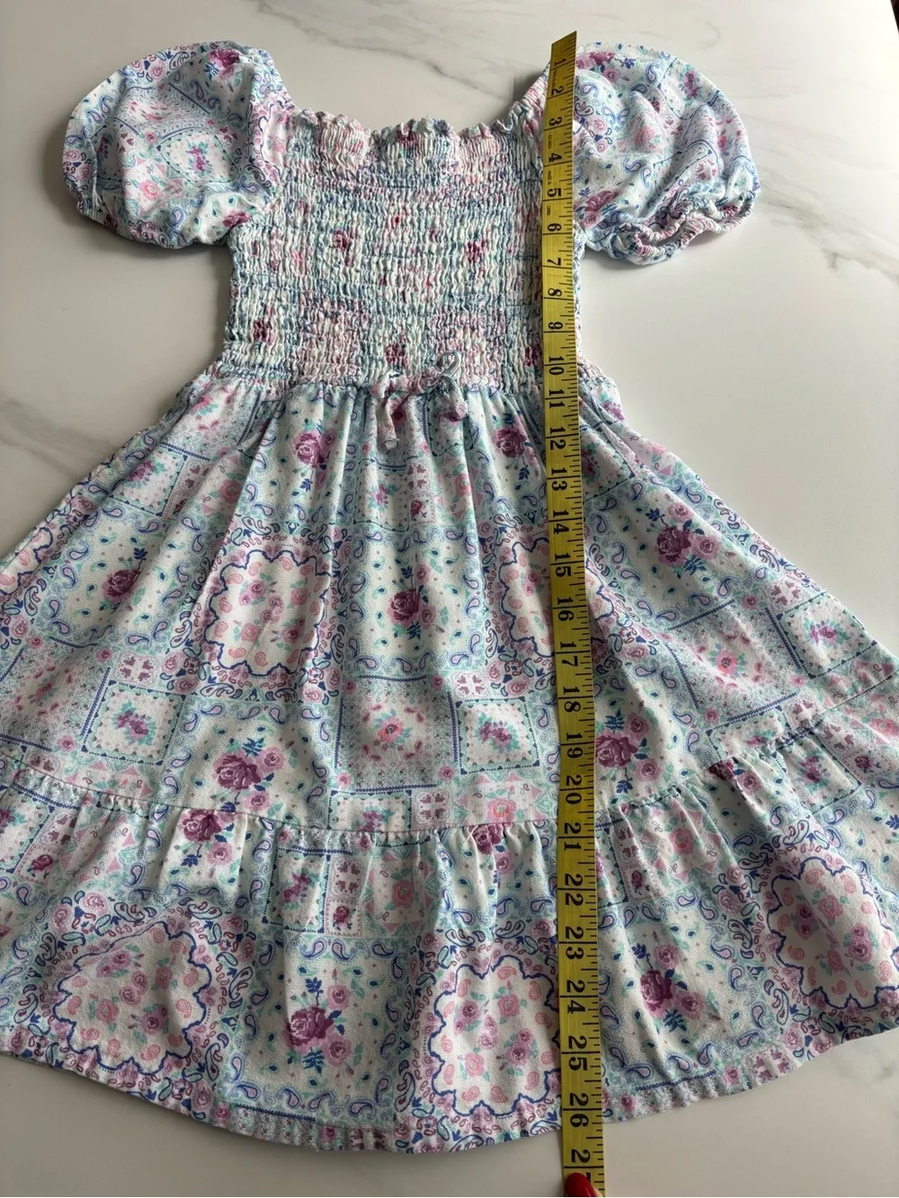 Nanette Lepore Blue and Pink Floral Smocked Puff Sleeve Dress size 8 y.o.